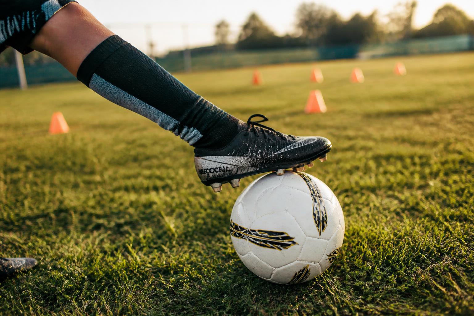 Fußballschuh am Ball auf dem Trainingsplatz