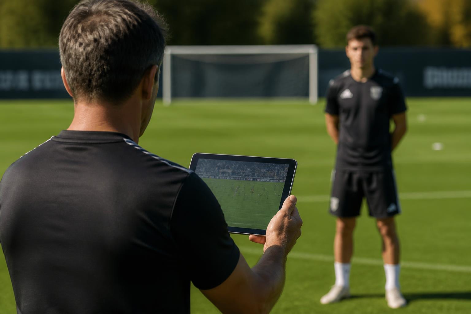 Trainer zeigt einem Spieler eine Szene auf dem Tablet